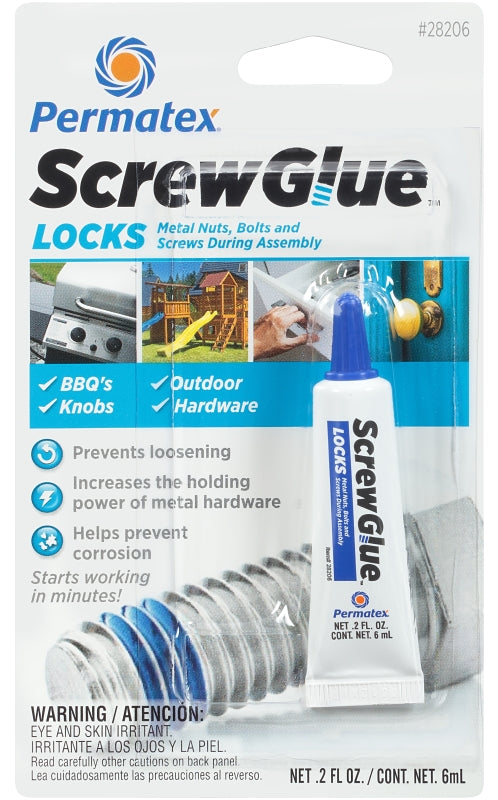 Permatex ScrewGlue 28206 Screw Locking Glue, 0.2 oz Tube, Liquid, Blue