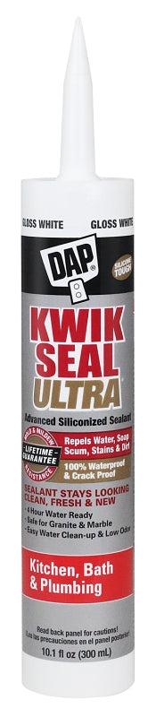 DAP KWIK SEAL ULTRA 18897 Siliconized Sealant, White, 0 to 150 deg F, 10.1 oz Cartridge