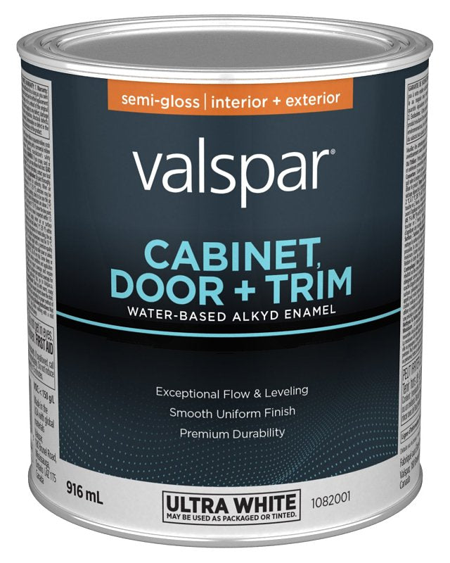 Valspar 029.1082001.005 Cabinet Door and Trim Oil Enriched Enamel, Water, Semi-Gloss, Ultra White, 1 qt