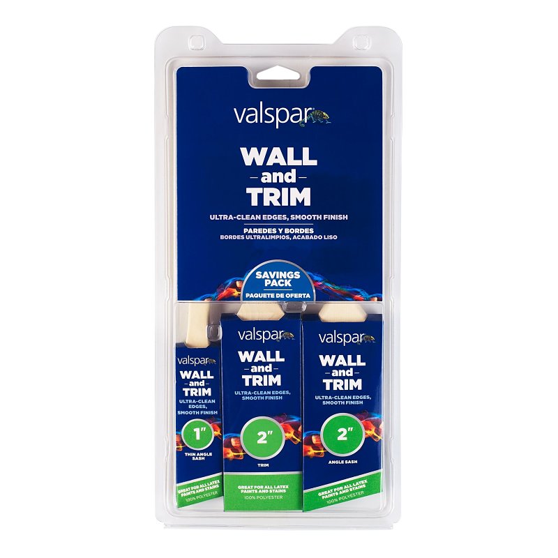 Valspar Wall and Trim 882569300 Paint Brush Set, 2 in W, Angle, Flat Brush, Polyester Bristle