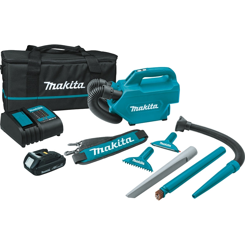 Makita XLC07SY1 Compact Handheld Canister Vacuum Kit, 49 cfm Air, 68 dBA, 18 V Battery, Lithium-Ion Battery, 1.5 Ah