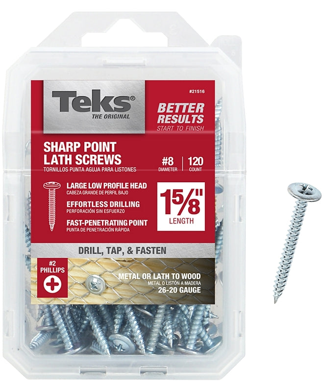 Teks 21516 Lath Screw, #8 Thread, Truss Head, Phillips Drive, Sharp Point, Steel, Zinc, 120 PK