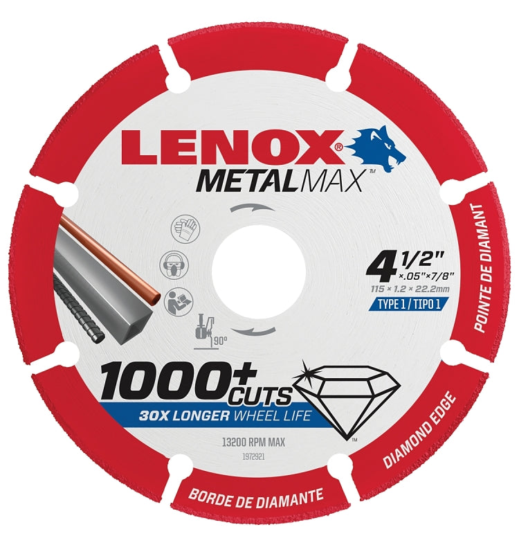 Lenox MetalMax 1972921 Cut-Off Wheel, 4-1/2 in Dia, 3/64 in Thick, 7/8 in Arbor, 40, 50 Grit, Diamond Abrasive