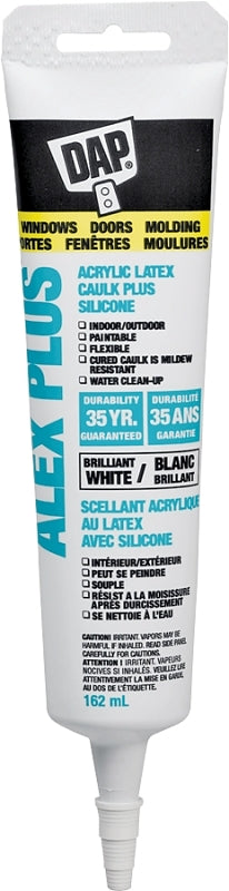 DAP ALEX PLUS 74225 Acrylic Latex Caulk Plus Silicone, White, 40 to 100 deg F, 162 mL Squeeze Tube