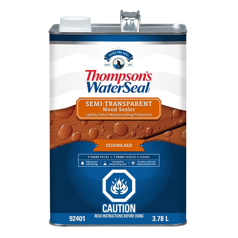 Thompson's WaterSeal THCP92401-16 Wood Sealer, Semi-Transparent, Liquid, Sedona Red, 1 gal, Can