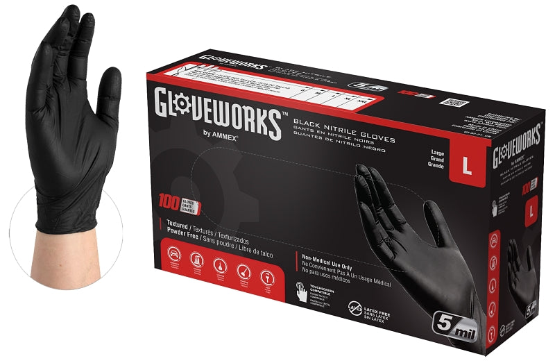 Gloveplus GPNB46100 Non-Sterile Gloves, L, Nitrile, Powder-Free, Black, 13.86 in L