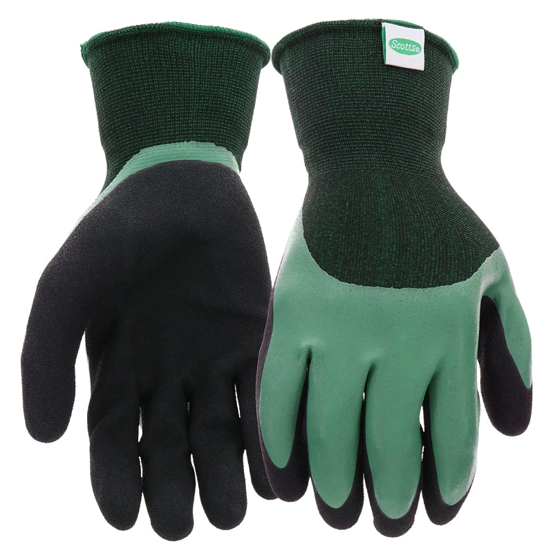 Scotts SC30602/XL Dipped Gloves, Men's, XL, Elastic Knit Wrist Cuff, Rubber Latex Coating, Black/Green