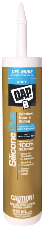 DAP Silicone Plus 73350 Window and Door Sealant, White, 40 to 120 deg F, 319 mL Cartridge