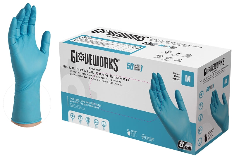 Ammex GPNHD64100 Non-Sterile Disposable Gloves, M, Nitrile, Powder-Free, Blue, 300 mm L