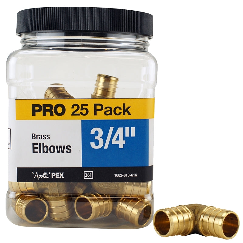 Apollo Valves APXE3425JR Pipe Elbow, 3/4 in, Barb, 90 deg Angle, Brass, 200 psi Pressure