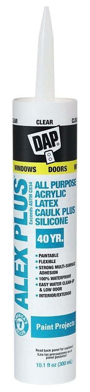 DAP ALEX PLUS 18156 Acrylic Latex Caulk with Silicone, Clear, -20 to 180 deg F, 10.1 fl-oz Cartridge