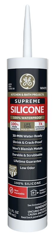 GE Supreme Silicone 2821640 Kitchen & Bath Sealant, White, 24 hr Curing, 10.1 fl-oz Cartridge