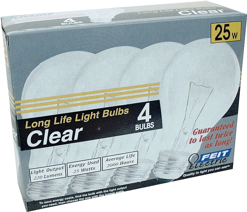 Feit Electric 25A/CL/4-130 Incandescent Bulb, 25 W, A19 Lamp, Medium E26 Lamp Base, 210 Lumens, 2700 K Color Temp