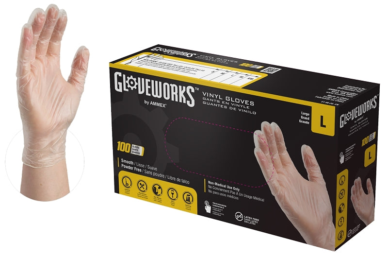 Gloveplus IVPF46100 Disposable Gloves, L, Vinyl, Powder-Free, Clear, 11.73 in L