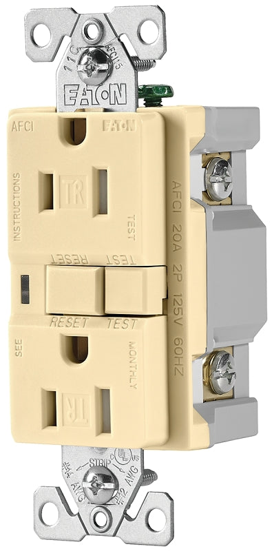 Eaton Wiring Devices TRAFCI15V-K AFCI Receptacle, 2 -Pole, 15 A, 125 V, Back, Side Wiring, NEMA: 5-15R, Ivory