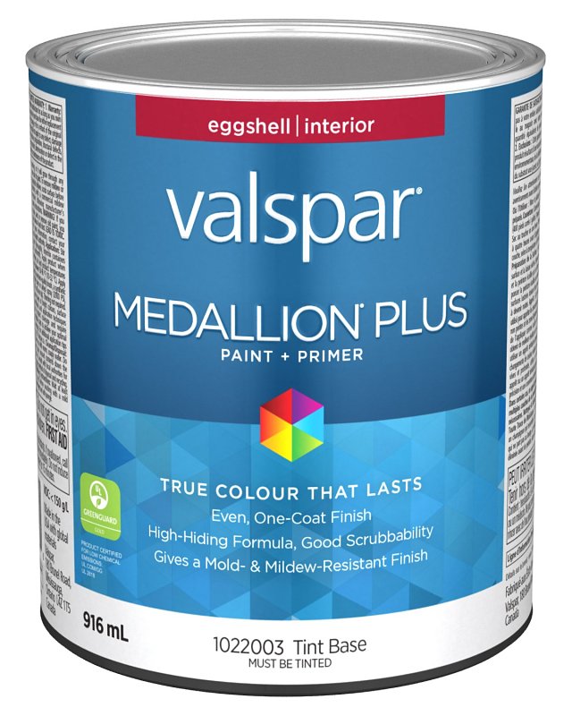 Medallion Plus 029.1022003.005 Interior Paint and Primer, Acrylic, Eggshell, Tint Base, 1 qt, 37 sq-m Coverage Area