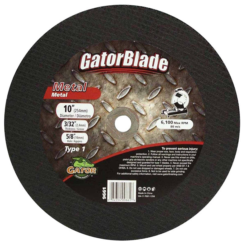 Gator 9661 Cut-Off Wheel, 10 in Dia, 3/32 in Thick, 5/8 in Arbor, Aluminum Oxide Abrasive