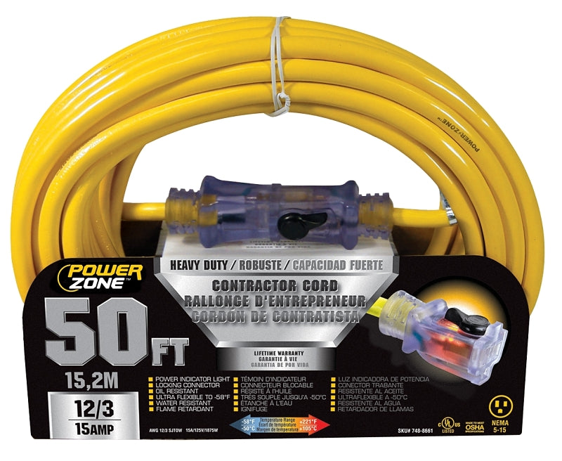 PowerZone Contractor Cord, 12 AWG Cable, 50 ft L, 15 A, 125 V, Yellow