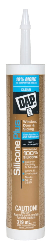 DAP Silicone Plus 73352 Window and Door Sealant, Clear, 40 to 120 deg F, 319 mL Cartridge