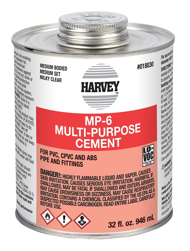 Harvey 018030-12 Solvent Cement, 32 oz Can, Liquid, Milky Clear