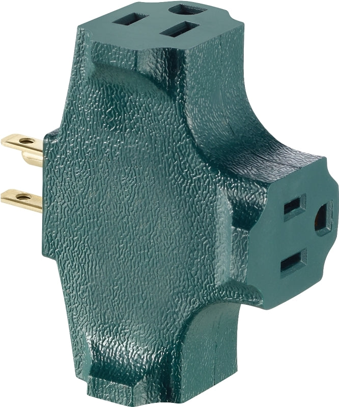 Leviton R07-00694-GRN Triple Tap Outlet Adapter, 2 -Pole, 15 A, 125 V, 3 -Outlet, NEMA: NEMA 5-15R, Green