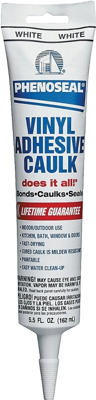 DAP PHENOSEAL 00101 Vinyl Adhesive Caulk, White, 48 hr Curing, -20 to 180 deg F, 5.5 oz Cartridge