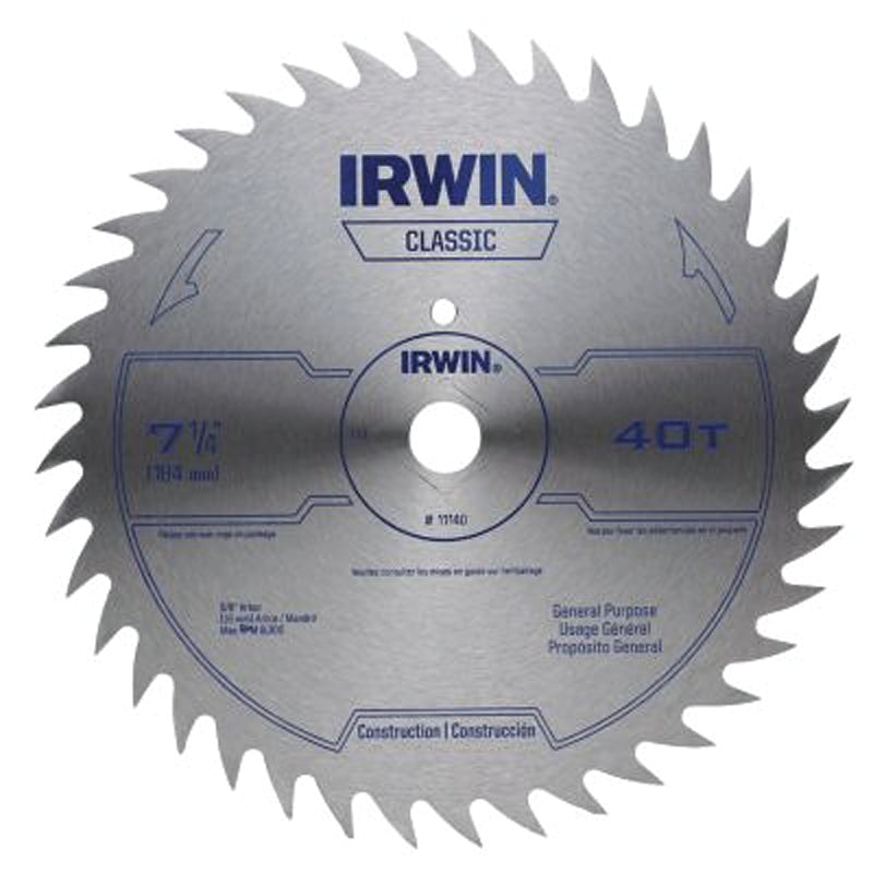 Irwin 11140 Circular Saw Blade, 7-1/4 in Dia, 5/8 in Arbor, 40-Teeth, Steel Cutting Edge, Applicable Materials: Wood