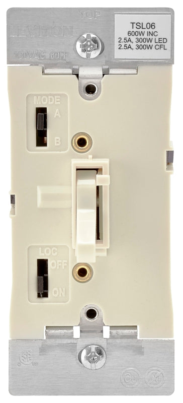 Leviton R08-TSL06-1KT Slide Dimmer, 120 V, 600 W, CFL, Halogen, Incandescent, LED Lamp, 3-Way, Light Almond