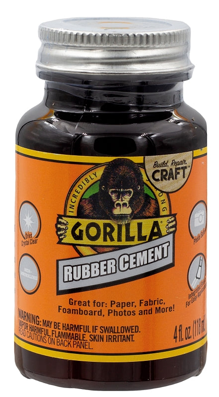 Gorilla 105779 Rubber Cement, Liquid, Crystal Clear, 4 oz Bottle