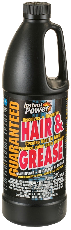 Instant Power 1969 Hair and Grease Drain Opener, Liquid, Clear, Odorless, 1 L Bottle