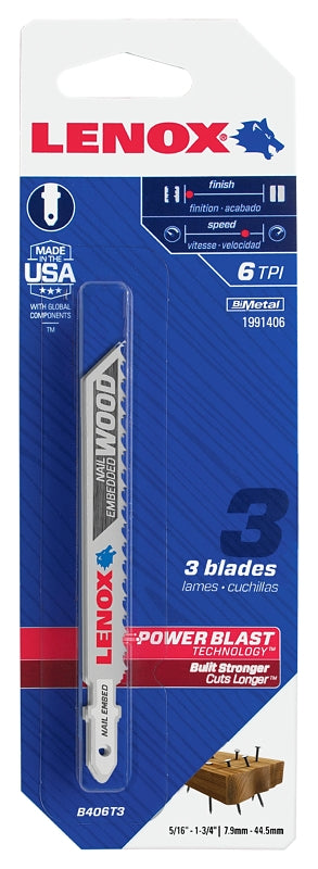 Lenox 1991406 Jig Saw Blade, 3/8 in W, 4 in L, 6 TPI