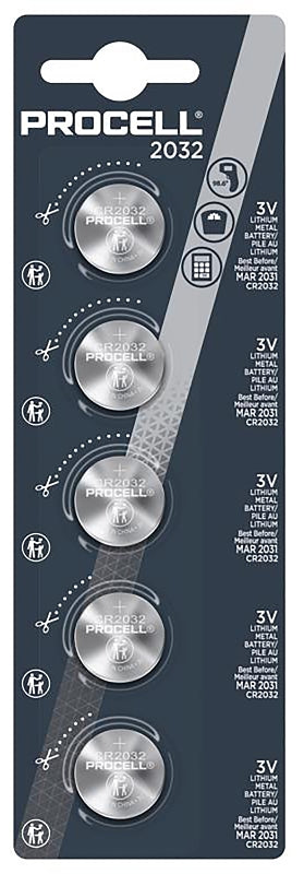 Procell PC2032 Coin Cell Battery, 3.2 V Battery, 265 mAh, Lithium Manganese Dioxide