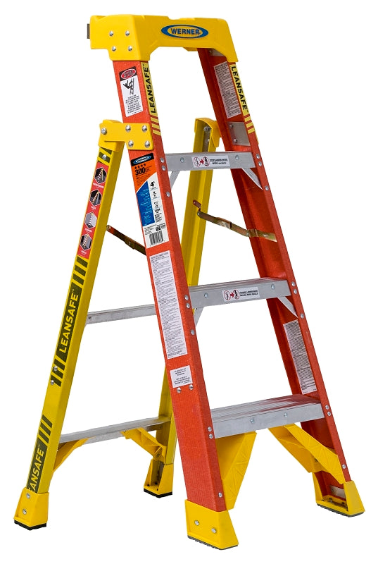 WERNER L6200 Series L6204 Leaning Ladder, 7 ft 3 in, 8 ft 4 in Max Reach H, 4-Step, 300 lb, Fiberglass, Orange/Yellow