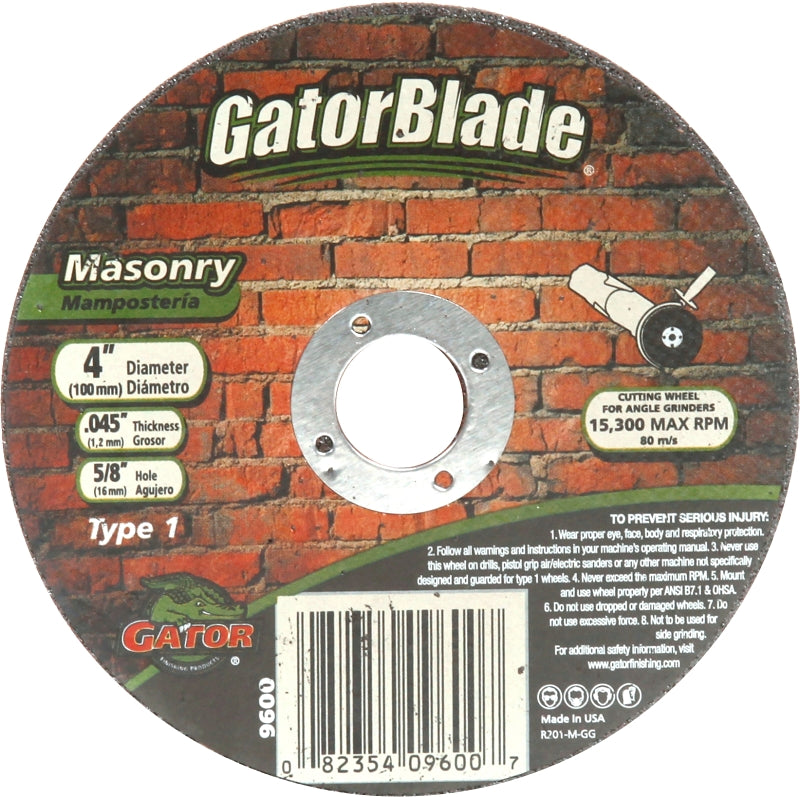 Gator 9601 Cut-Off Wheel, 4 in Dia, 0.045 in Thick, 5/8 in Arbor, A60T Grit