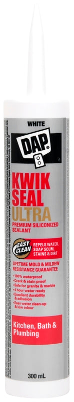 DAP KWIK SEAL ULTRA 74820 Premium Kitchen and Bath Sealant, White, 4 hr Curing, 40 to 100 deg F, 300 mL Cartridge