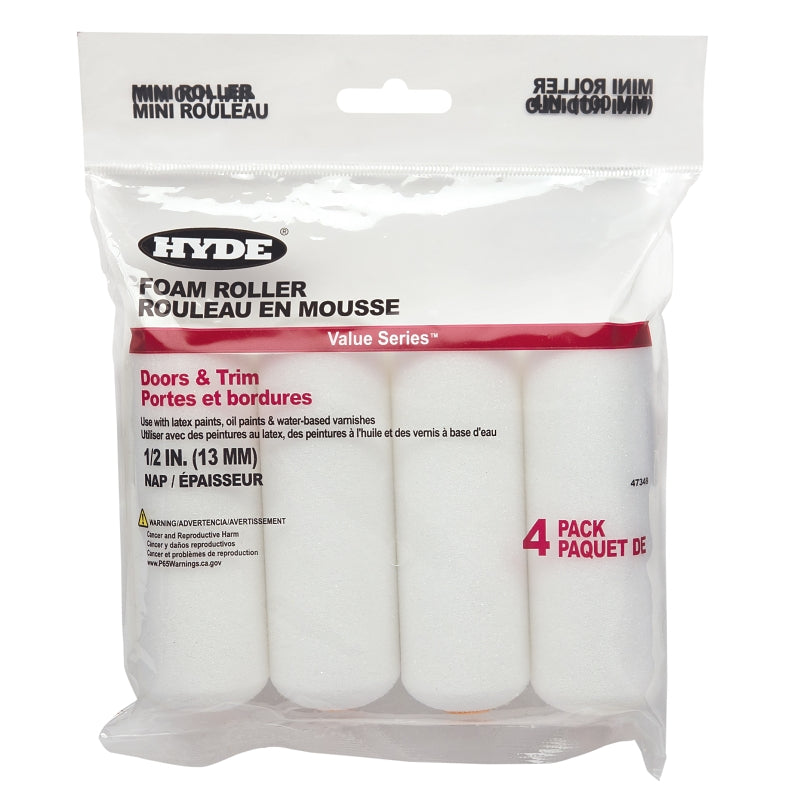 Hyde Value Series 47349 Mini Roller, 1/2 in Thick Nap, 4 in L, Foam Cover