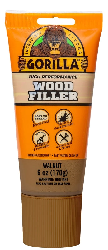 Gorilla 112126 Wood Filler, High-Performance, Brown/Walnut, 6 oz, Tube