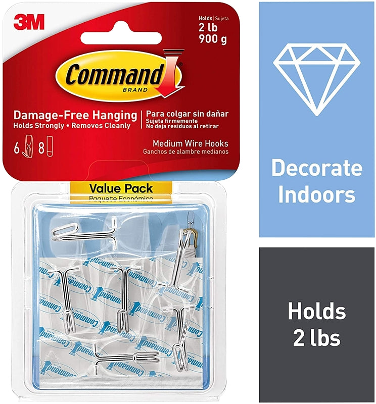 3M 17065CLR-6ES Wire Toggle Hook Value Pack, 2 lb, 6-Hook, Plastic, Clear