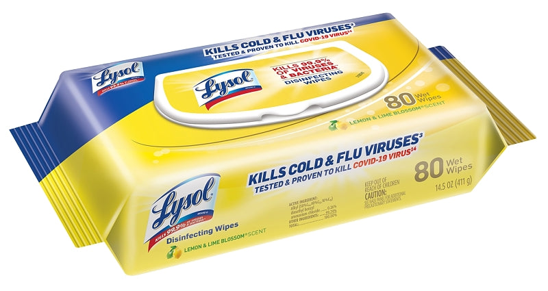 Lysol 99716 Disinfecting Wipes, 8-1/2 in L, 6-3/4 in W, Lemon Like