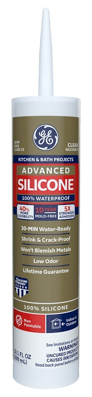 GE Silicone II GE5040 Silicone Caulk, Clear, 24 hr Curing, -60 to 400 deg F, 10.1 oz Tube