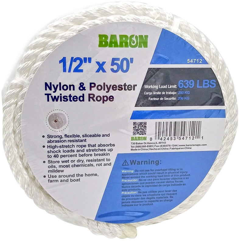 BARON 54712 Rope, 1/2 in Dia, 50 ft L, Nylon, White