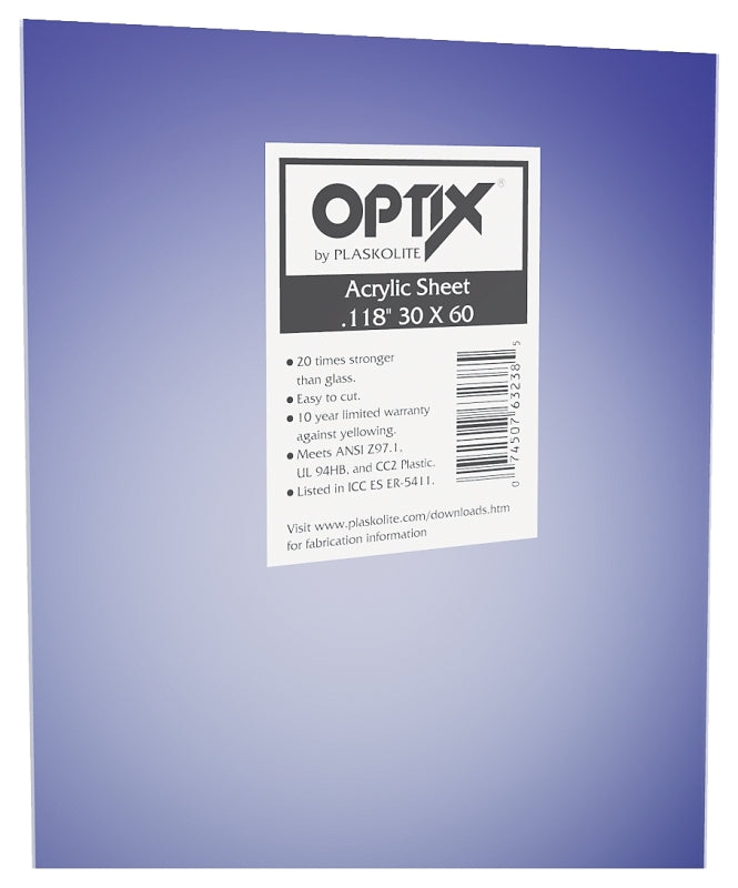 Optix 1AG1700A Flat Sheet, 60 in L, 30 in W, 0.118 in Thick, Clear