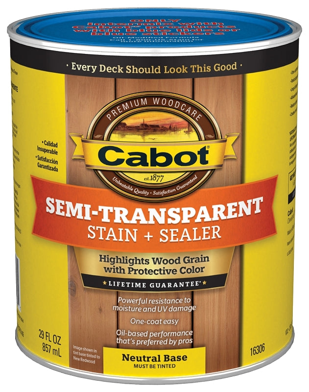 Cabot 16300 Series 140.0016306.005 Exterior Stain, Semi-Transparent, Neutral Base, Liquid, 1 qt