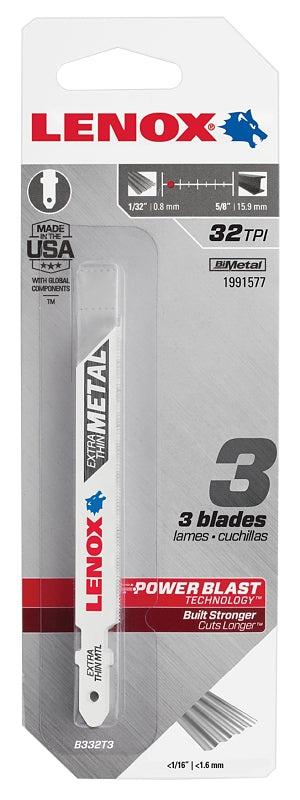 Lenox 1991577 Jig Saw Blade, 3/8 in W, 3-5/8 in L, 32 TPI