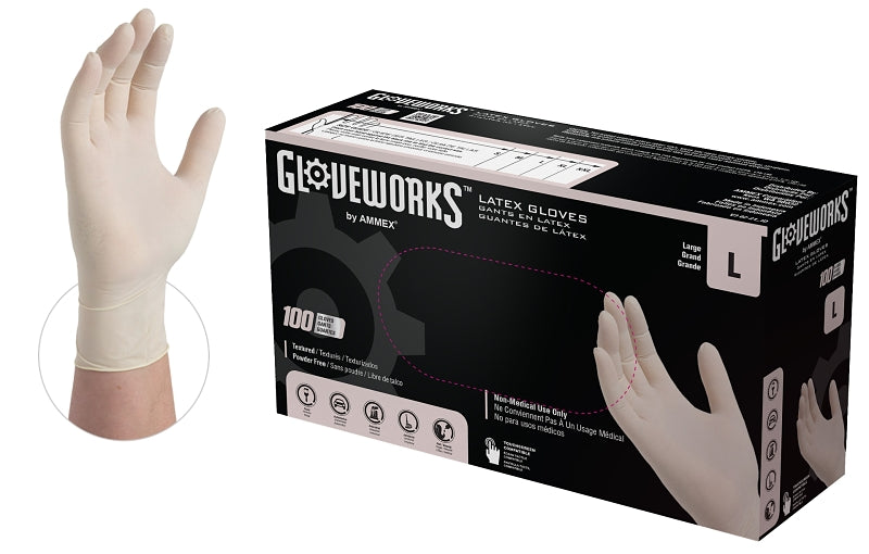 Gloveworks TLF46100 Disposable Gloves, L, Latex, Powder-Free, Ivory, 14.37 in L