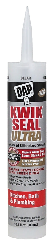 DAP KWIK SEAL ULTRA 18898 Siliconized Sealant, Clear, 0 to 170 deg F, 10.1 oz Cartridge