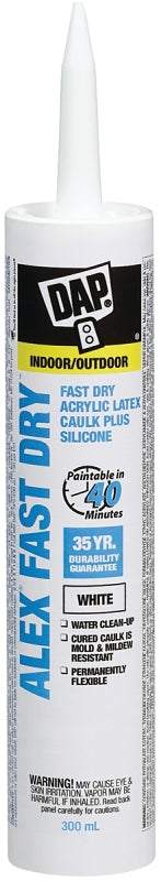 DAP ALEX FAST DRY 78425 Acrylic Latex Caulk Plus Silicone, White, 40 to 100 deg F, 300 mL Cartridge