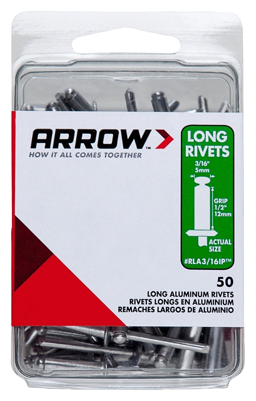 Arrow RLA3/16BP Pop Rivet, Long, 1/2 in L, Aluminum