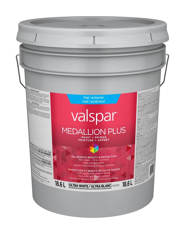 Medallion Plus 029.1025002.008 Exterior Paint and Primer, Acrylic, Flat, Ultra White, 5 gal, 400 sq-ft/gal Coverage Area