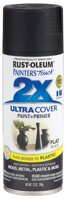 2X Ultra Cover 334020 Spray Paint, Flat, Black, 12 oz, Can